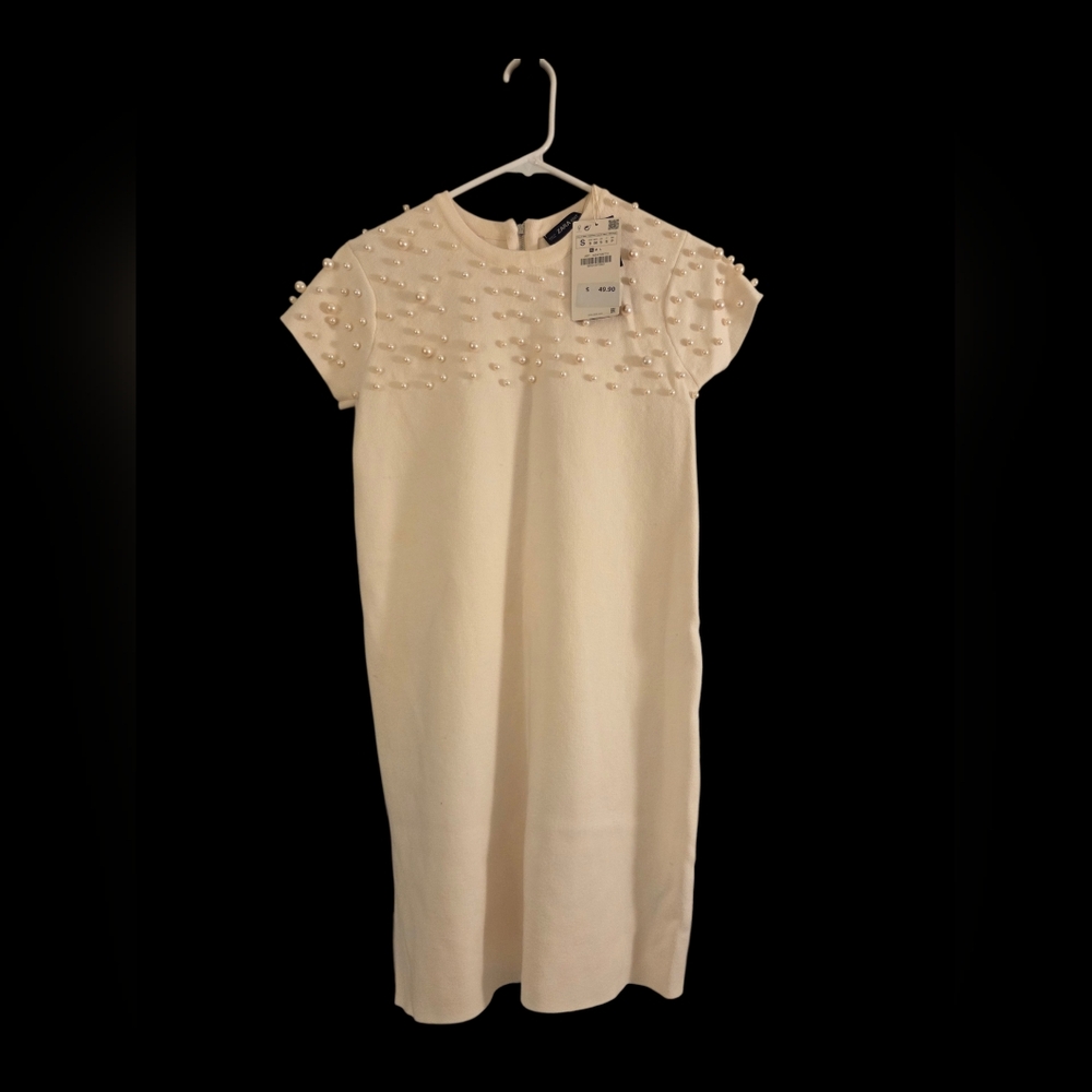 Zara Ivory Cream White Short Cap Sleeve Pearl Shift Knit Dress RARE (Sz S) - Picture 5 of 7